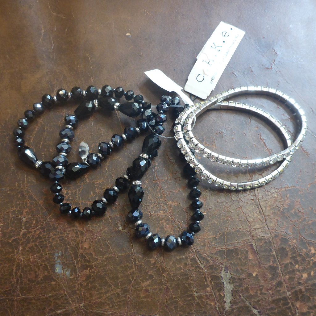 Set Of 5 Elastic Bracelets 2 Rhinestone & 3 Black & Silver Beads